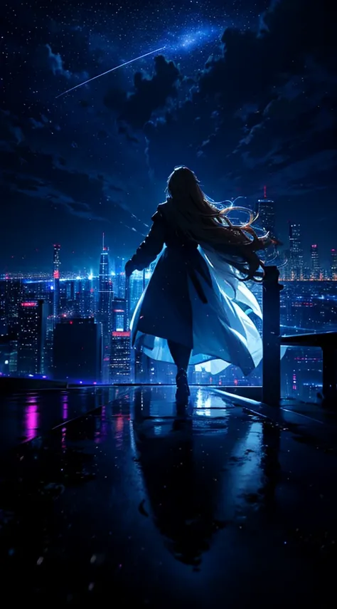 １people々々々々々々々々々々々々,Blonde long-haired woman，Long coat， Dress Silhouette， Rear View，Space Sky, comet, Anime Style, City night view from the rooftop，A pillar of light stretching into space，