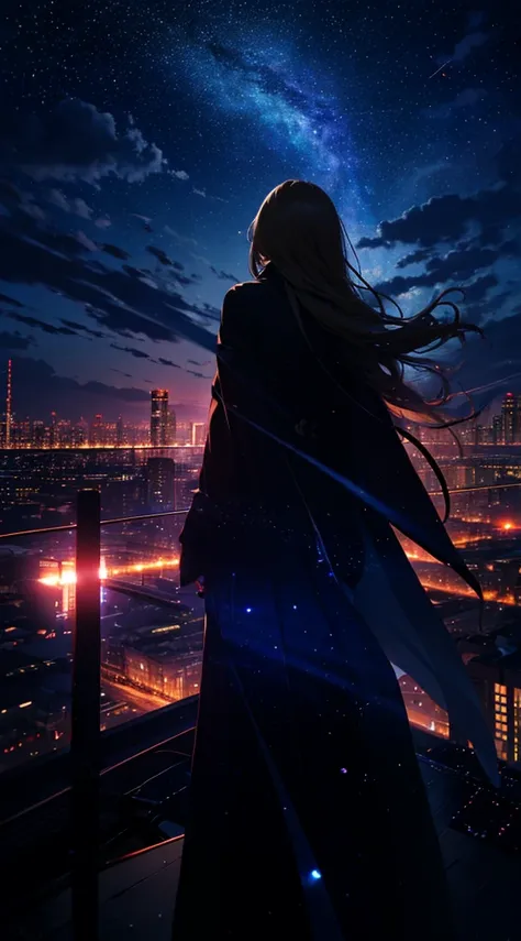 １people々々々々々々々々々々々々,Blonde long-haired woman，Long coat， Dress Silhouette， Rear View，Space Sky, comet, Anime Style, City night view from the rooftop，A pillar of light stretching into space，