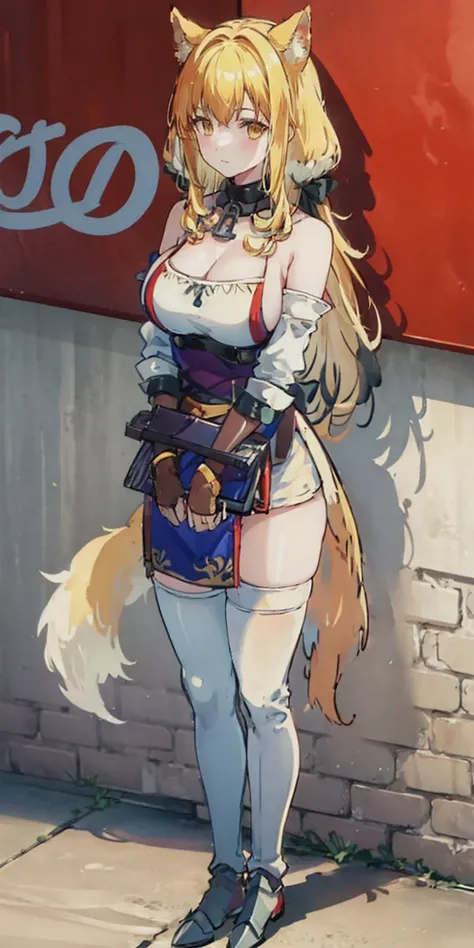 (dog ear, dog tail), heavy busty, dog, happy, masterpiece, best quality, high quality, white SKIN elf, long hair, white hair, yellow eyes, full body, def_effie, blue breastplate, white skin, looking at viewer, shiny armor, thigh highs, high boots, shoulder...