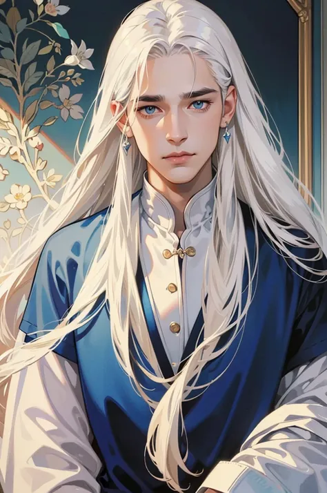 A tall, handsome, courageous, large, athletic young man, long straight hair, platinum blond with blue eyes, tanned skin, he has long straight platinum hair, he is dressed in a white tunic with dark blue patterns and white trousers. Masterpiece, detailed st...