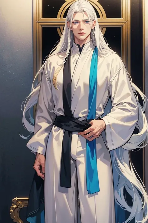 A tall, handsome, courageous, large, athletic young man, long straight hair, platinum blond with blue eyes, tanned skin, he has long straight platinum hair, he is dressed in a white tunic with dark blue patterns and white trousers. Masterpiece, detailed st...