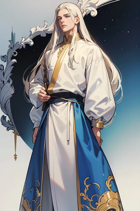 A tall, handsome, courageous, large, athletic young man, long straight hair, platinum blond with blue eyes, tanned skin, he has long straight platinum hair, he is dressed in a white tunic with dark blue patterns and white trousers. Masterpiece, detailed st...