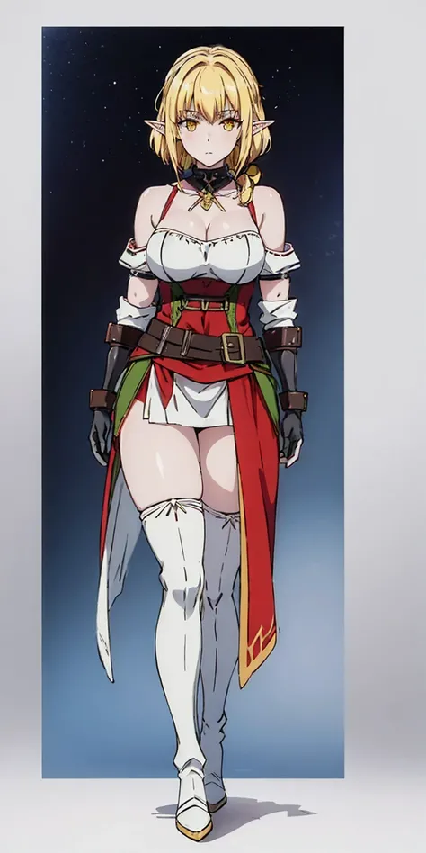 masterpiece, best quality, high quality, white SKIN elf, long hair, white hair, yellow eyes, full body, def_effie, blue breastplate, white skin, looking at viewer, shiny armor, thigh highs, high boots, shoulder armor, faulds, poleyn, gloves, gauntlets