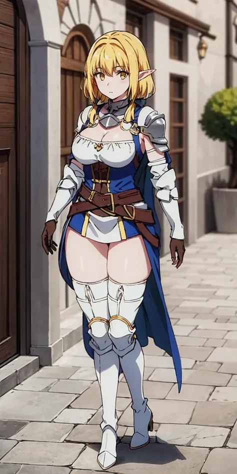 masterpiece, best quality, high quality, white SKIN elf, long hair, white hair, yellow eyes, full body, def_effie, blue breastplate, white skin, looking at viewer, shiny armor, thigh highs, high boots, shoulder armor, faulds, poleyn, gloves, gauntlets