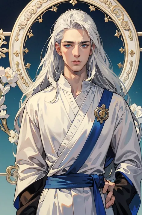 Tall, handsome, courageous, large, broad-shouldered, muscular, athletic young man, long straight hair, platinum blond with blue eyes, tanned skin, he has long straight platinum hair, he is dressed in a white tunic with dark blue patterns and white trousers...