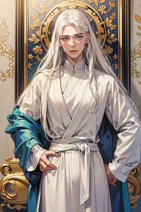 Tall, handsome, courageous, large, broad-shouldered, muscular, athletic young man, long straight hair, platinum blond with blue eyes, tanned skin, he has long straight platinum hair, he is dressed in a white tunic with dark blue patterns and white trousers...