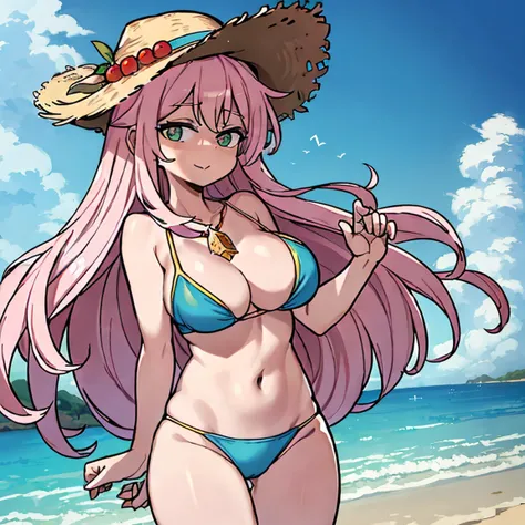 (masterpiece, best quality:1.2), cowboy shot, (solo), (1girl):1.5, glasses, long fluffy pink hair, hair blowing, gorgeous body, wide hips, slight smile, (elegant swimswit), navel exposed, mid breasts, breasts niples, cameltoe, in front a palms in a windy b...