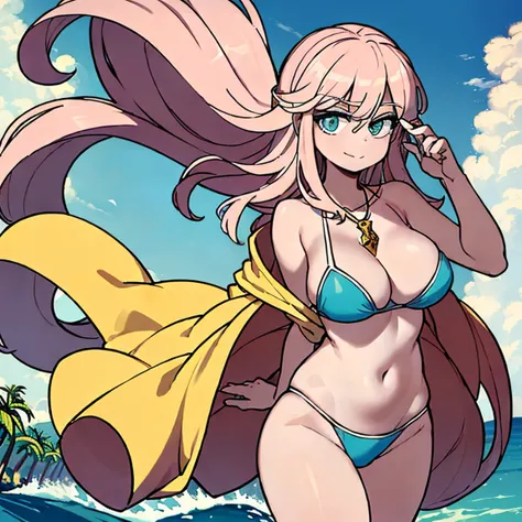 (masterpiece, best quality:1.2), cowboy shot, (solo), (1girl):1.5, glasses, long fluffy pink hair, hair blowing, gorgeous body, wide hips, slight smile, (elegant swimswit), navel exposed, mid breasts, breasts niples, cameltoe, in front a palms in a windy b...