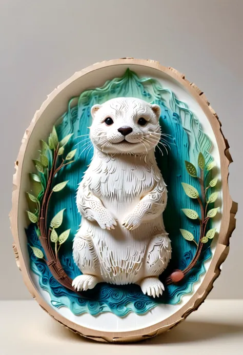 (paper art,layered paper art,roll paper,decoupage,paper carving),intricate details, lifelike otter,，simple background,  (soft li...