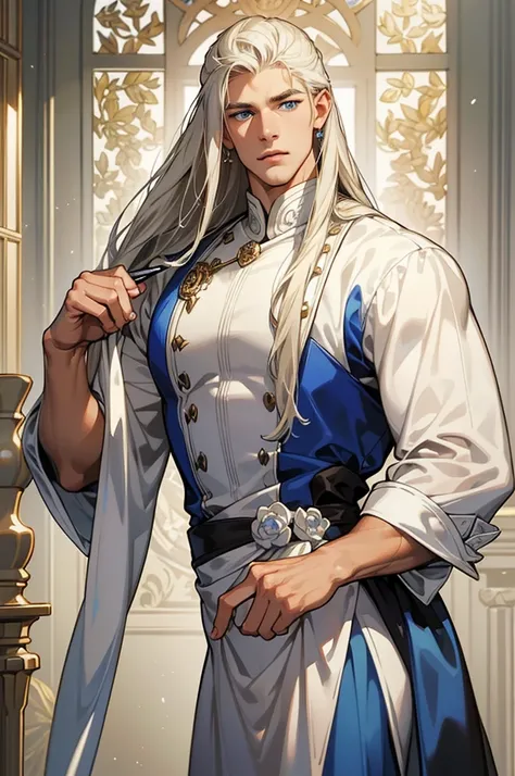 Tall, handsome, courageous, large, broad-shouldered, muscular, athletic young man, long straight hair, platinum blond with blue eyes, tanned skin, he has long straight platinum hair, he is dressed in a white tunic with dark blue patterns and white trousers...