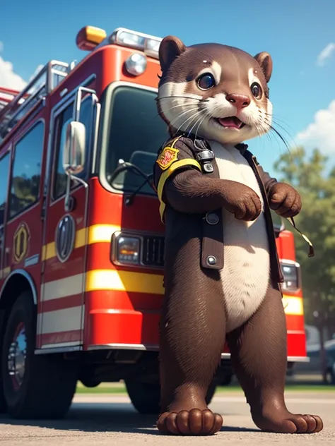 3D, 3D cartoon, cartoon otter, an otter wearing a (firemen costume), fire truck, at noon, sfw