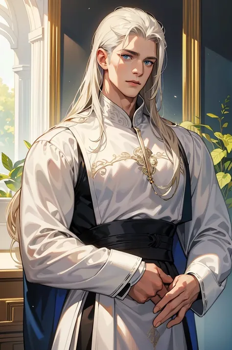 Tall, handsome, courageous, large, broad-shouldered, muscular, athletic young man, long straight hair, platinum blond with blue eyes, tanned skin, he has long straight platinum hair, he is dressed in a white tunic with dark blue patterns and white trousers...