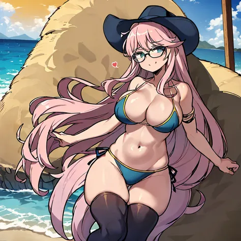 (masterpiece, best quality:1.2), cowboy shot, (solo), (1girl):1.5, glasses, long fluffy pink hair, hair blowing, gorgeous body, wide hips, slight smile, (sexy swimswit), navel exposed, belly, gorgeous big breasts, breasts niples, (cameltoe), in front a pal...