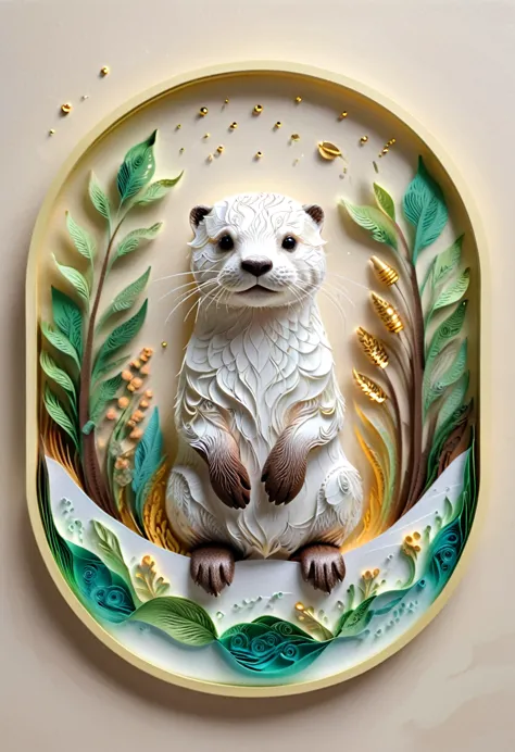 (paper art,layered paper art,roll paper,decoupage,paper carving),intricate details, lifelike otter,，simple background,  (soft li...