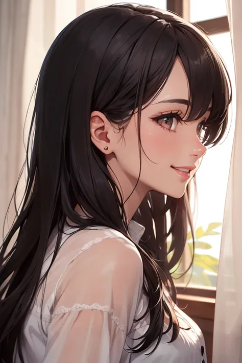 ((best quality)), ((masterpiece)), (detailed), perfect face . Button nose, smiling heart shaped lips , side profile , black long hair , curtain bangs, almond eyes , Hazel eyes