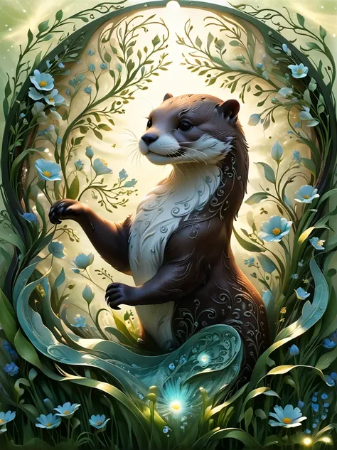 cast iron otter with filigree and wavy metal swirls, full transparency, sunny meadow background,