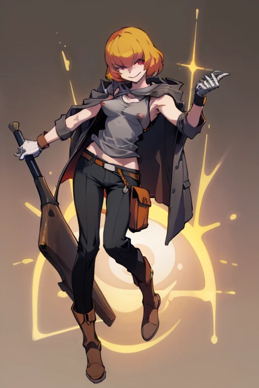 ((highest quality)), ((masterpiece)), (be familiar with),Clementine,Overload,{{nsfw}},Sleeveless hoodie,Grey Shirt,cargo pants,Bewitching Smile,whole body,boots,Long coat,Erect nipples
