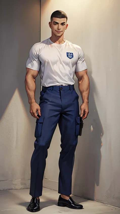 (masterpiece: 1.2),(CGI Art:1.3),(Realistic:1.5),(Post Processing:1.3),(crisp focus:1.3),10,1 man ,Full body, smile, (Wear a navy shirt with a hem.), Police Logo, Navy Cargo Pants, Police uniform, (Skinhead Hairline Crew Cut), Skinheads have haircuts., Bla...