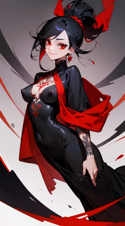 ((highest quality)), ((masterpiece)), (be familiar with),One female,Black Hair,Red eyes,Black Dress,Chest tattoo, Bewitching Smile,Heel,Black Hair,Hair tied around the neck,Red shawl,Erect nipples,(whole body),Slanted Eyes
