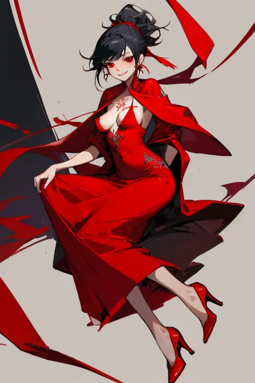 ((highest quality)), ((masterpiece)), (be familiar with),One female,Black Hair,Red eyes,Red dress,White Dress,Chest tattoo, Bewitching Smile,High heels,Black Hair,Hair tied around the neck,Red shawl,Erect nipples,(whole body),Slanted Eyes