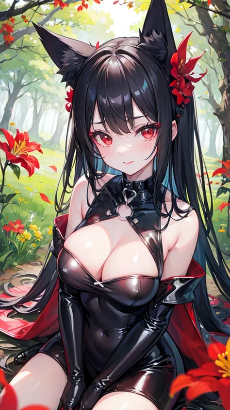 2 girls、Magic Kiss，Sticky，Red lips，Fox ears，(8k、Highest image quality、best quality、masterpiece)、Black latex bodysuit，Lily headdress，slim，Large Breasts，Extremely detailed facial details, handcuffs，collar，Calm expression,Red lips，sweet smile，Black long hair,...