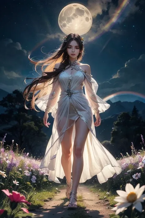 beautiful and magical elemental spirit girl with long flowing hair, ethereal spiritual dress, walking through a field of crystal...