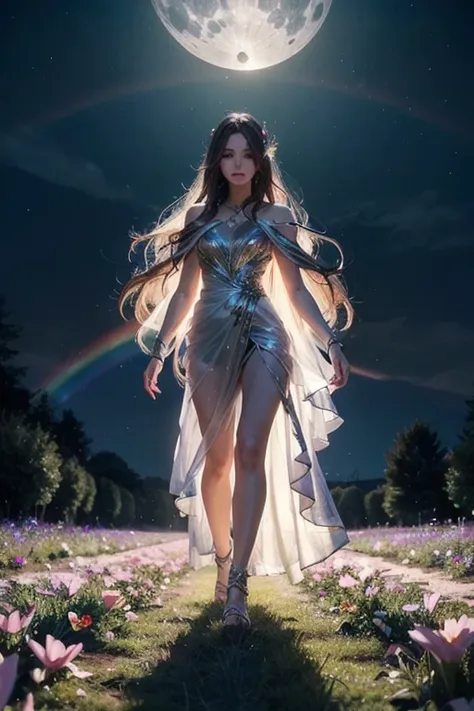 beautiful and magical elemental spirit girl with long flowing hair, ethereal spiritual dress, walking through a field of crystal...