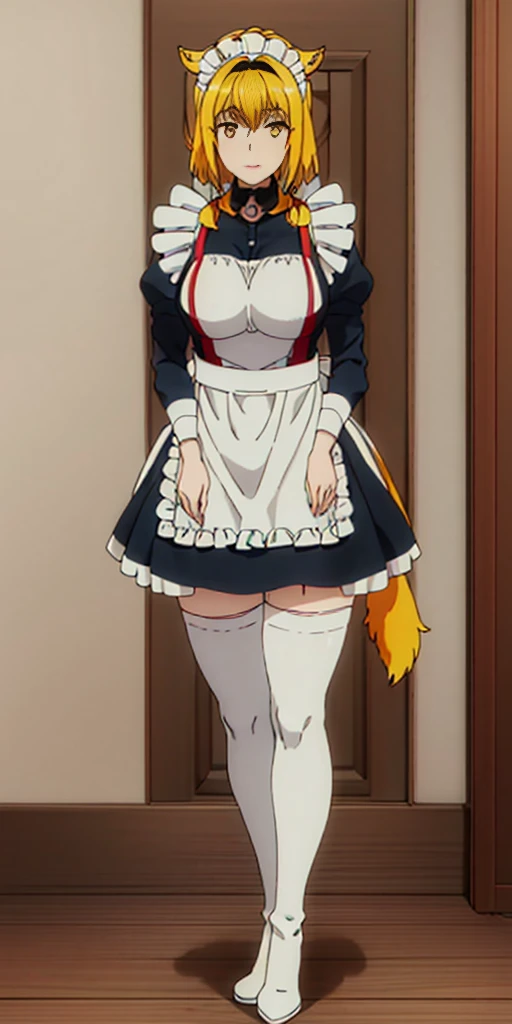 (mature female:1.4), masterpiece, best quality (maid, maid headdress, maid apron), standing, indoors, window, masterpiece, best quality, high quality, long hair, yellow eyes, full body, def_effie, blue breastplate, looking at viewer, shiny armor, thigh hig...