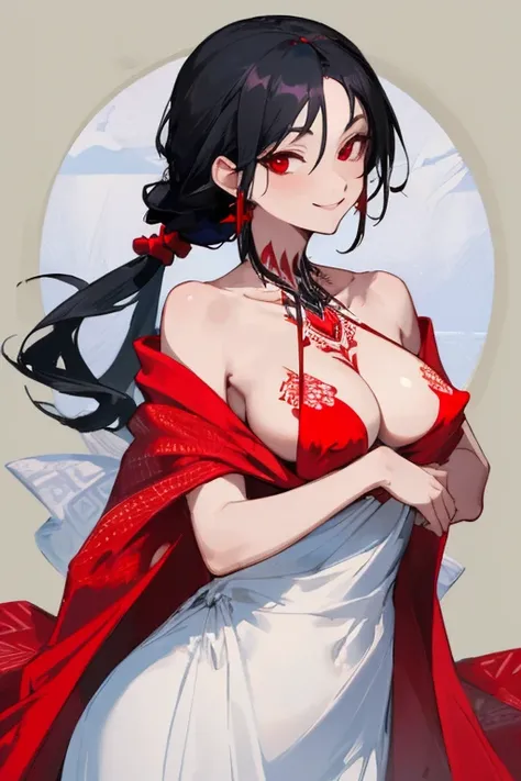 ((highest quality)), ((masterpiece)), (be familiar with),One female,Black Hair,Red eyes,White dress,Red pattern,Chest tattoo, Bewitching Smile,Black Hair,Hair tied around the neck,Blue shawl,Erect nipples,(whole body),Slanted Eyes