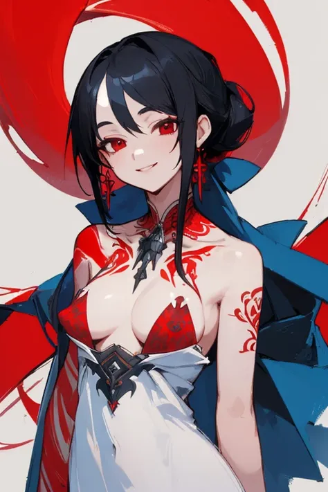 ((highest quality)), ((masterpiece)), (be familiar with),One female,Black Hair,Red eyes,White dress,Red pattern,Chest tattoo, Bewitching Smile,Black Hair,Hair tied around the neck,Blue shawl,Erect nipples,(whole body),Slanted Eyes