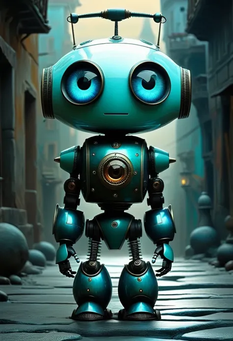 full length view. little funny robot, porcelain face and head, big turquoise eyes, lovely eyes, best quality. beautiful cinemati...