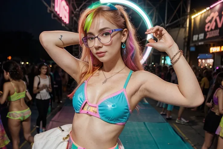 (aerial view,festival:1.2,festival of music,),14 y.o. ginger girl,very pale skin full of freckles, glasses, in neon multicolour dress and white boots walking through the festival entrance, a photo inspired by Lisa Frank, trending on cg society, pop art, bo...