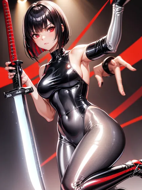 solo girl,Glossy metalic light silver tank top, tight latex shiny, Red interpolation color,Black hair bob,red eyes, camel toe, Samurai Sword,
Lift one leg,