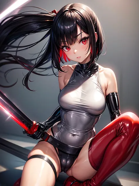 solo girl,Glossy metalic light silver tank top, tight latex shiny, Red interpolation color,Black hair bob,red eyes, camel toe, Samurai Sword,
Lift one leg,