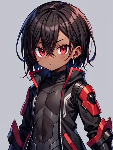 dark skin, male, medium dark brown hair, big red eyes and a very  androgynous face, wearing a black long jacket, armoured exoske...