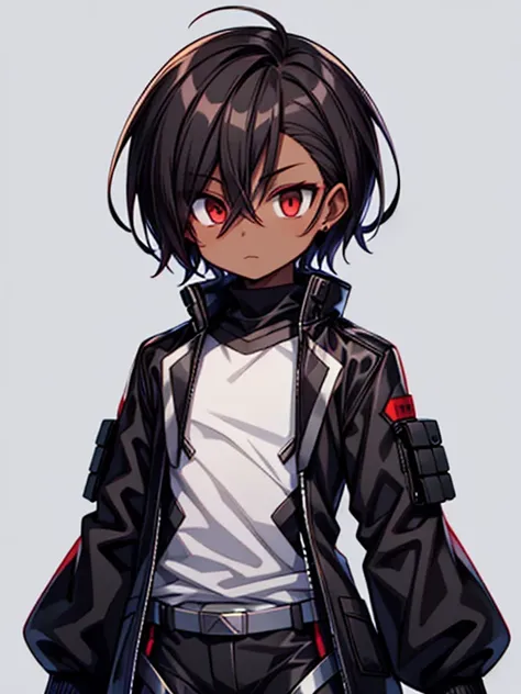 dark skin, male, medium dark brown hair, big red eyes and a very  androgynous face, wearing a black long jacket, armoured exoske...