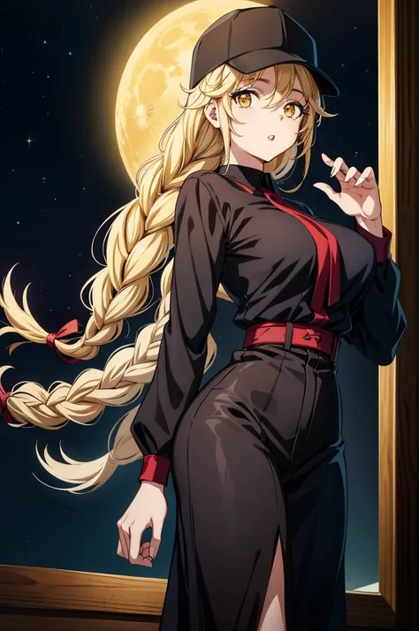 an anime art piece featuring female posing in a long black hair braid with a large hat like item on her head, moon, 1girl, full moon, solo, long hair, hat, blonde hair, braid, yellow eyes, night, looking at viewer, black headwear, baseball cap, parted lips...