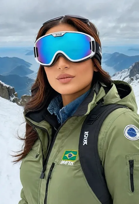 (high quality:1.5), (8k), Art of work, extremely detailed, (High detail:1.2), (Hotlexi woman), Solo, Brazilian female, (jacket, cap, snow goggles and pants),