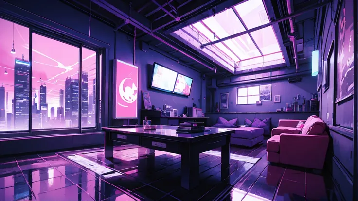 Cartoon style illustration、Solid Paint、A room with a large window overlooking the night city、Purple neon colours, pink, blue