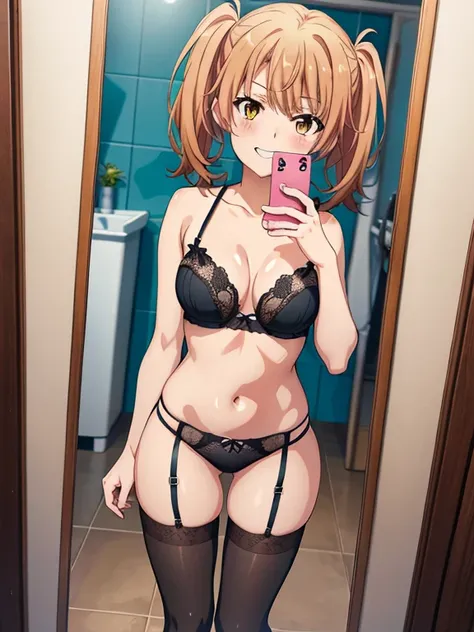 ((masutepiece, Best Quality, hight resolution, nffsw, Perfect Pixel, depth of fields, 4K, )), 1girl in, Solo, , Beautiful anime girl, Beautiful Art Style, 
standing:1.3, bathroom background, Looking at viewer. 
Perfect body, smile, show teeth, front facing...