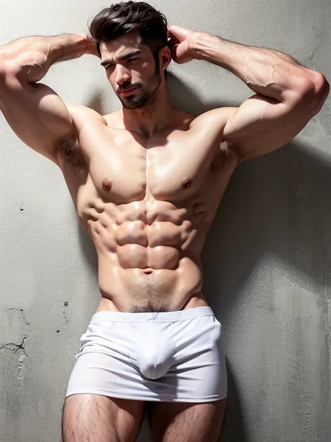 arafed man in white underwear leaning against a wall, raphael lecoste, sexy masculine, diego fazio, male model, by Ludovit Fulla, model with attractive body, inspired by Ludovit Fulla, mid-shot of a hunky, white skirt and barechest, marco bucci, white body...