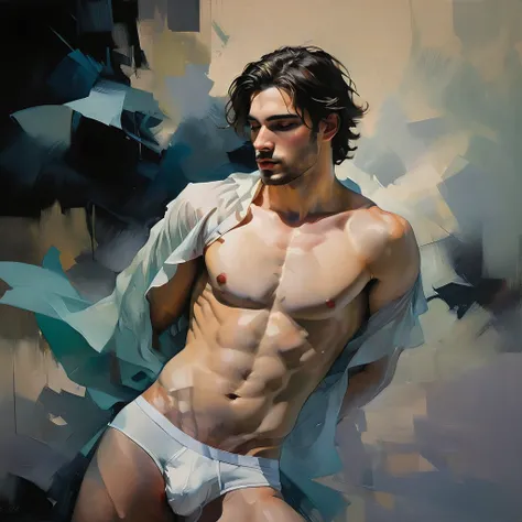 chiaroscuro technique on sensual illustration of an arafed man in white underwear, sexy masculine, diego fazio, male model, by Ludovit Fulla, model with attractive body, inspired by Ludovit Fulla, mid-shot of a hunky, the model draped in flowing, thick oil...