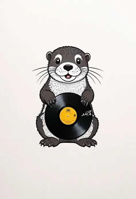 a cute otter, (black vinyl record), minimalism art, (masterpiece, best quality, professional, perfect composition, very aestheti...