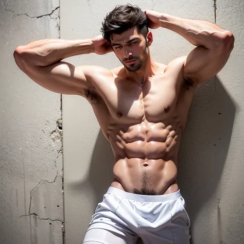 arafed man in white underwear leaning against a wall, raphael lecoste, sexy masculine, diego fazio, male model, by Ludovit Fulla, model with attractive body, inspired by Ludovit Fulla, mid-shot of a hunky, white skirt and barechest, marco bucci, white body...