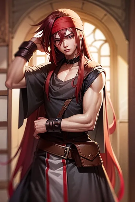 create a character with long straight reddish hair with a bandana on his arm he doesn&#39;t wear a shirt on his pants he wears wide dark blue pants with a sash on one leg he wears sneakers on his feet and he uses a large reddish sword
