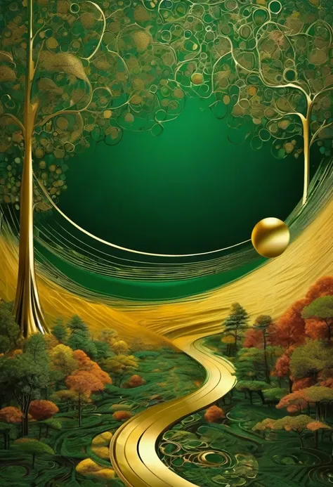 opening of the mind into utopia, utopiasphere, abstract art, trees, circular warm colors contrasting with nature, long landscape of beauty and balance, (dark green flow of a background), (golden machinery), (golden machinery organs of body)