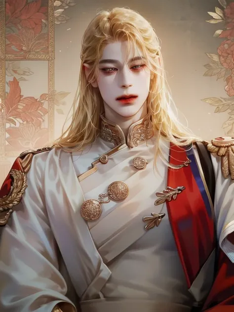 a close up of a male in a uniform long blond hair red eyes , a detailed painting , neo-romanticism, delicate androgynous prince, manhwa, beautiful androgynous prince, korean art anime, handsome prince, europe historical royal