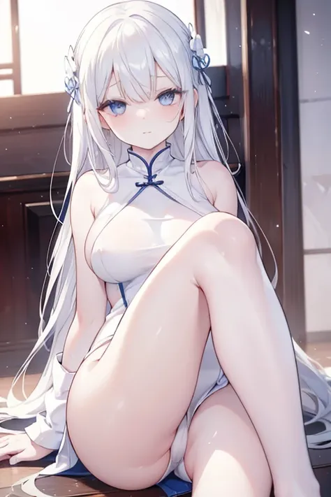 Lazy wind, wide blue eyes, White hair, Dull hair, White color, sitting, 1 girl, Alone, adorable, wearing a cheongsam, Big blurry eyes, Very beautiful facial details, Beth,, Perfect, completely naked, Laughing shyly, His skin is reddish