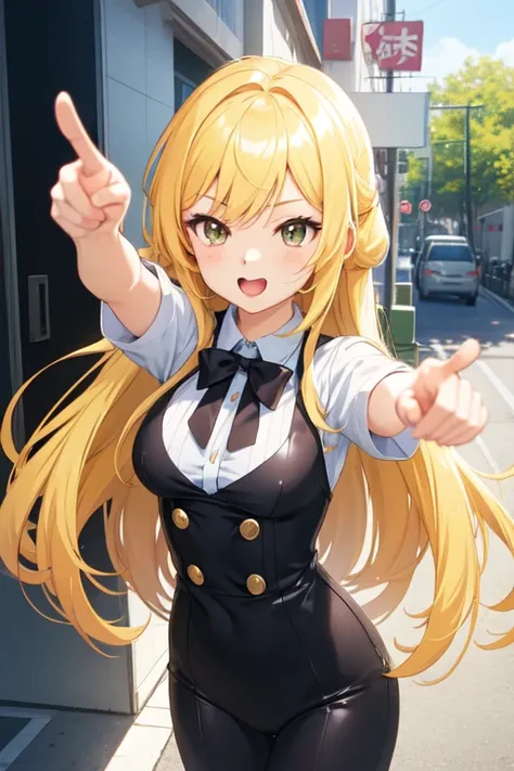 anime character dressed in traje de mucama pointing at something, official anime yet, chica anime disfrazada de sirvienta, anime visual de una linda chica, Anime de arte salpicado , official studio anime yet, Moe anime art style, arte cg anime suave, Chica...