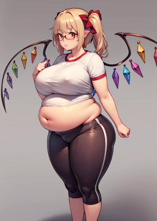 (masterpiece, best quality, highly detailed), 1girls, big belly, huge belly, art by kipteitei, round belly, chubby, curvy, belly grab, enormous belly, fat belly, thicc, bigger belly, really big belly, jiggly belly, glasses, gym clothes, (sweating), very ti...